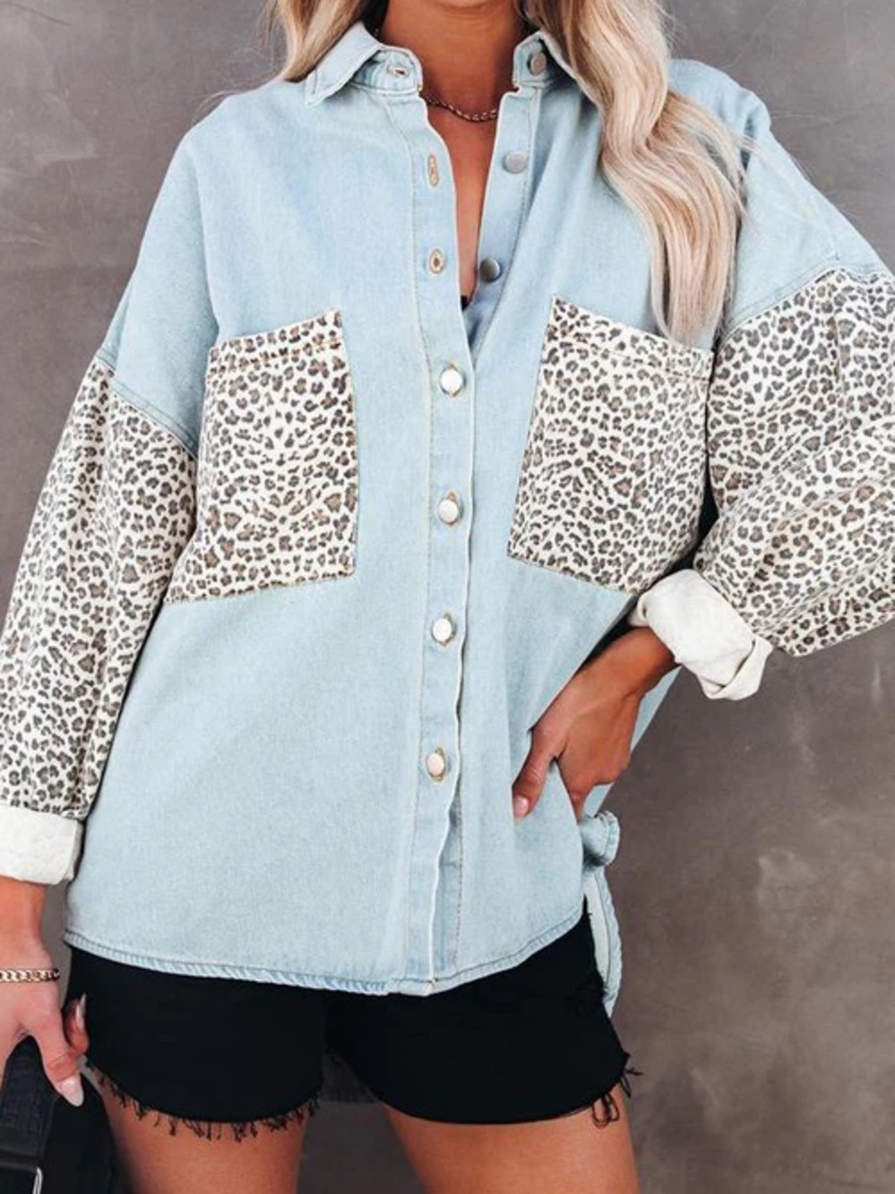 Light Blue Button-Down Shirt with Leopard Print Pockets and Sleeves